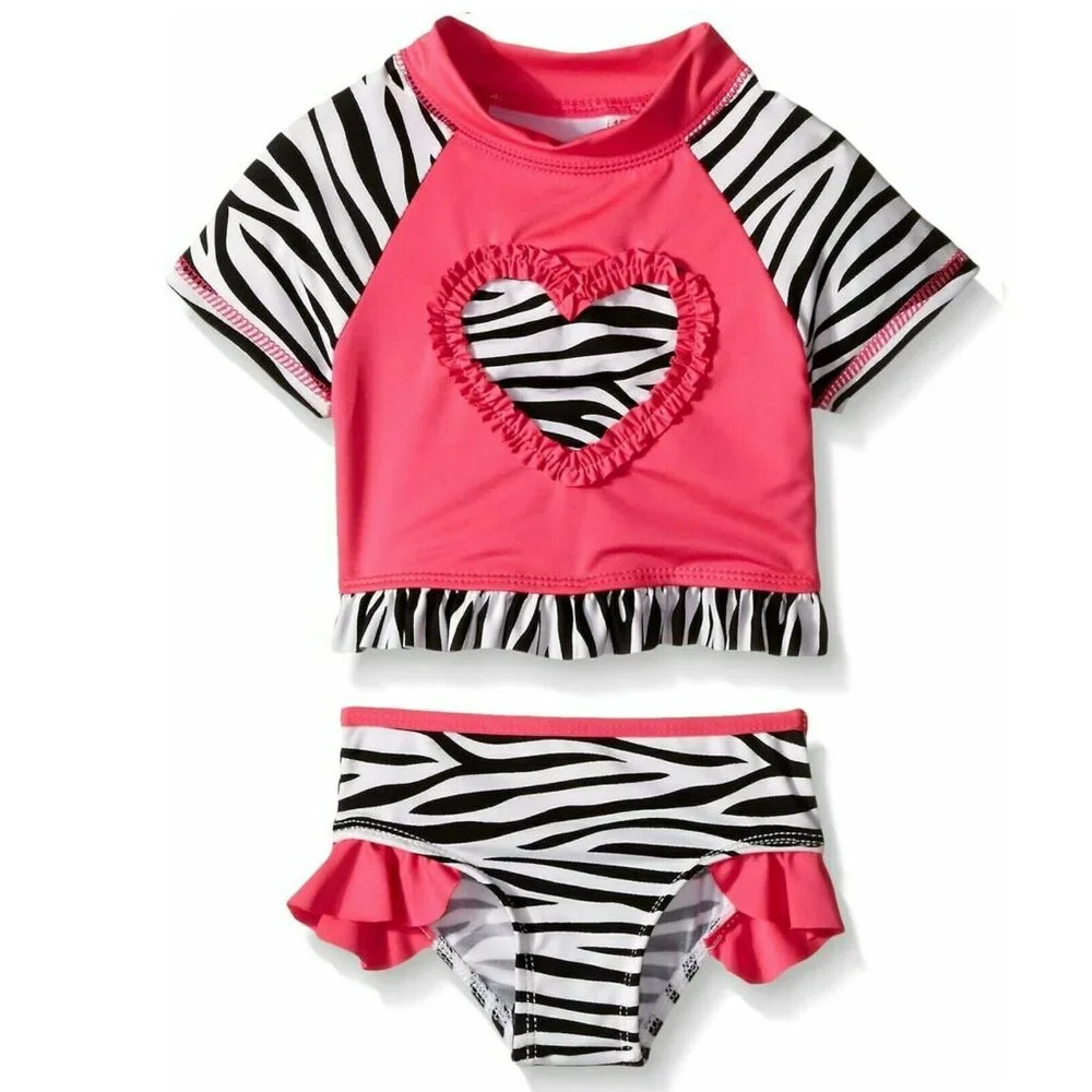 NEW Wippette 2 Piece Zebra Heart Print short Sleeve Rash Guard Swim Top Swimsuit